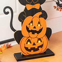 Glitzhome 30"H Halloween Wooden Lighted Witch Cat Porch Decor w/Timer