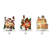 Glitzhome 6" 3-pk of Lighted Resin House Stocking Holders