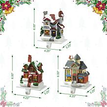 Glitzhome 6" 3-pk of Lighted Resin House Stocking Holders
