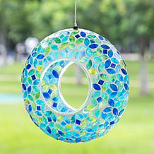 Glitzhome 8''D Glass Round Hanging Blue/Green Mosaic Birdfeeder