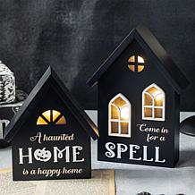 Glitzhome 8"H 2pc Lighted Halloween Wooden House-shaped Table Decor
