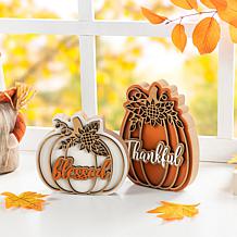 Glitzhome 8"H Thanksgiving Wooden Pumpkin Table Decor Set of 2