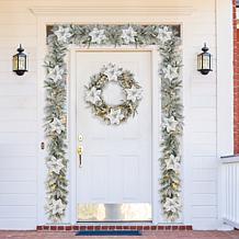 Glitzhome 9' Pre-Lit Snow Flocked Greenery Pine Poinsettia Garland