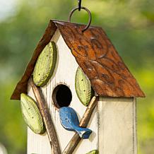 Glitzhome 9.75" Distressed Solid Wood Birdhouse with Leaves