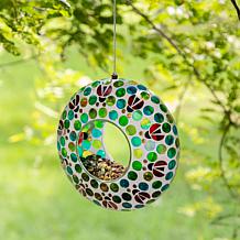 Glitzhome Glass Round Ladybugs Multi-Color Mosaic Birdfeeder