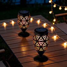 Glitzhome Set of 2 Black Metal Cutout Geometric Solar Outdoor Lantern