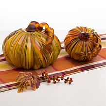 Glitzhome Set of 2 Multi Striped Glass Short Pumpkin