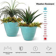 Glitzhome Set of 2 Round Turquoise Faux Ceramic Pot Plastic Planter