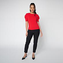 Jaclyn Smith Fine Ribbed Knit Pleated Puff-Sleeve Tee