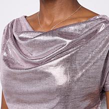 Jaclyn Smith Metallic Knit Cap Sleeve Cowl Neck Top