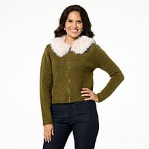Jaclyn Smith Zipper-Front Sweater Jacket w/ Detachable Faux Fur Collar