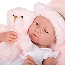 JC Toys La Newborn 15" Real Girl Baby Doll White Outfit & Teddy Bear