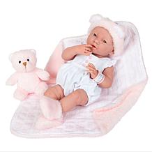 JC Toys La Newborn 15" Real Girl Baby Doll White Outfit & Teddy Bear