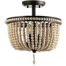 JONATHAN Y Black Light Taupe Allie 14" Wood Beaded Metal Flush Mount