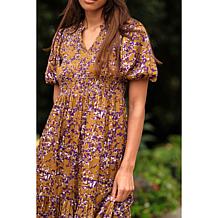 La Joie Bubble-Sleeve Smocked Bodice Satin Midi Dress