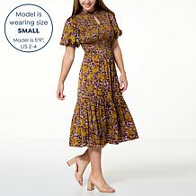 La Joie Bubble-Sleeve Smocked Bodice Satin Midi Dress