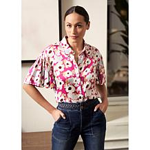 La Joie Flutter-Sleeve Button Front Printed Blouse