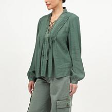 La Joie Micro Crepe Lace-Up Pleated Blouse
