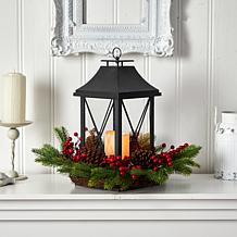 Nearly Natural 16" Holiday Berries, Greenery with Lantern & LED Candle