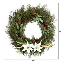 Nearly Natural 20” Cedar, Antlers, Lily and Ruscus with Berries Wreath