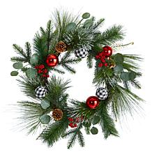Nearly Natural 24” Berry and Pinecone  Christmas Wreath with Ornaments