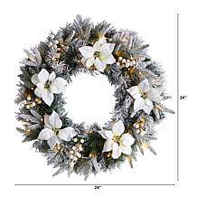 Nearly Natural 24 in. Flocked Poinsettia Wreath with 50 LED Lights
