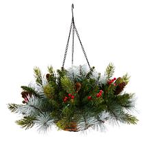 Nearly Natural 24 in. Holiday Pre Lit Berries Christmas Hanging Basket