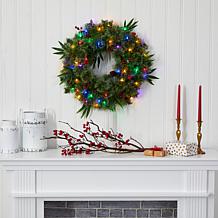 Nearly Natural 24 in. Mixed Pine Christmas Wreath with Lights