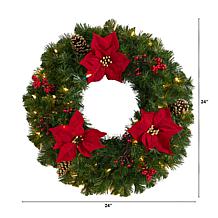 Nearly Natural 24” Poinsettia, Berry and Pinecone Wreath w/ 50 Lights