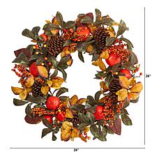 Nearly Natural 26 in. Persimmon and Pinecones Artificial Fall Wreath