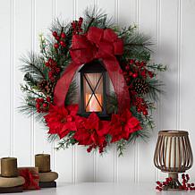 Nearly Natural 28” Poinsettia & Berry Wreath with Lantern & LED Candle