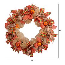 Nearly Natural 30” Autumn Pumpkin w/ Décor Bows Artificial Fall Wreath