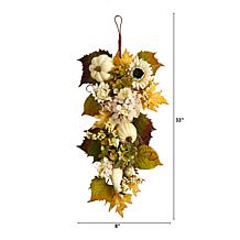 Nearly Natural 33 in. Fall Sunflower, Hydrangea and Pumpkin Teardrop