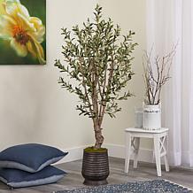 Nearly Natural 62" Artificial Olive Tree in Ribbed Metal Planter