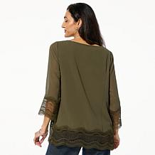 Nina Leonard 3/4 Sleeve Lace Trimmed Chiffon Tunic