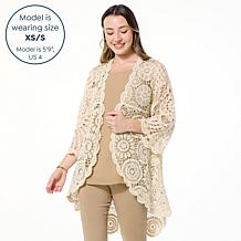 Nina Leonard Bell-Sleeve Open Front Crochet Cardigan