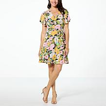 Nina Leonard Belted Godet Hem Dress