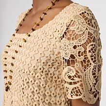 Nina Leonard Border Lace Elbow Sleeve Top