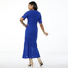 Nina Leonard Crochet Knit Elbow Sleeve A-Line Midi Dress