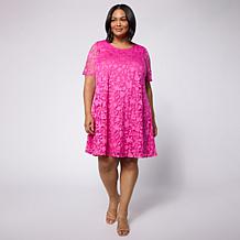 Nina Leonard Elbow-Sleeve Jewel-Neck Trapeze Dress
