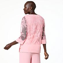 Nina Leonard Embroidered Mesh Knit 3/4-Sleeve Tunic