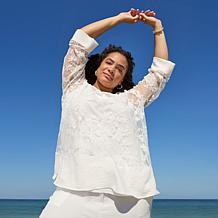 Nina Leonard Embroidered Mesh Knit 3/4-Sleeve Tunic