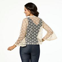 Nina Leonard Floral Crochet Bell-Sleeve Open Front Cardigan