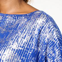 Nina Leonard Foiled Knit Boat Neck 3/4-Sleeve Tunic