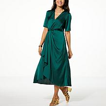 Nina Leonard Hammered Satin Drape-Front Dress
