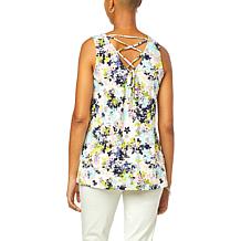 Nina Leonard Lace-Up Back Sleeveless Printed Top