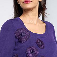 Nina Leonard Long Balloon Sleeve Round Neck Sweater Top