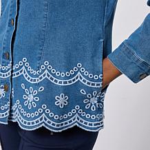 Nina Leonard Mandarin Collar Denim Jacket w/Scalloped Embroidery Hem