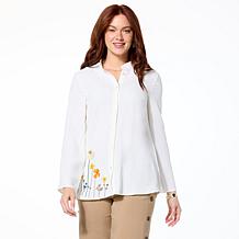 LEONARD トップス Nina Leonard Textured Wave Foil Print Button Down Top