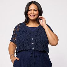 Nina Leonard Open Crochet Elbow-Sleeve Bolero Top